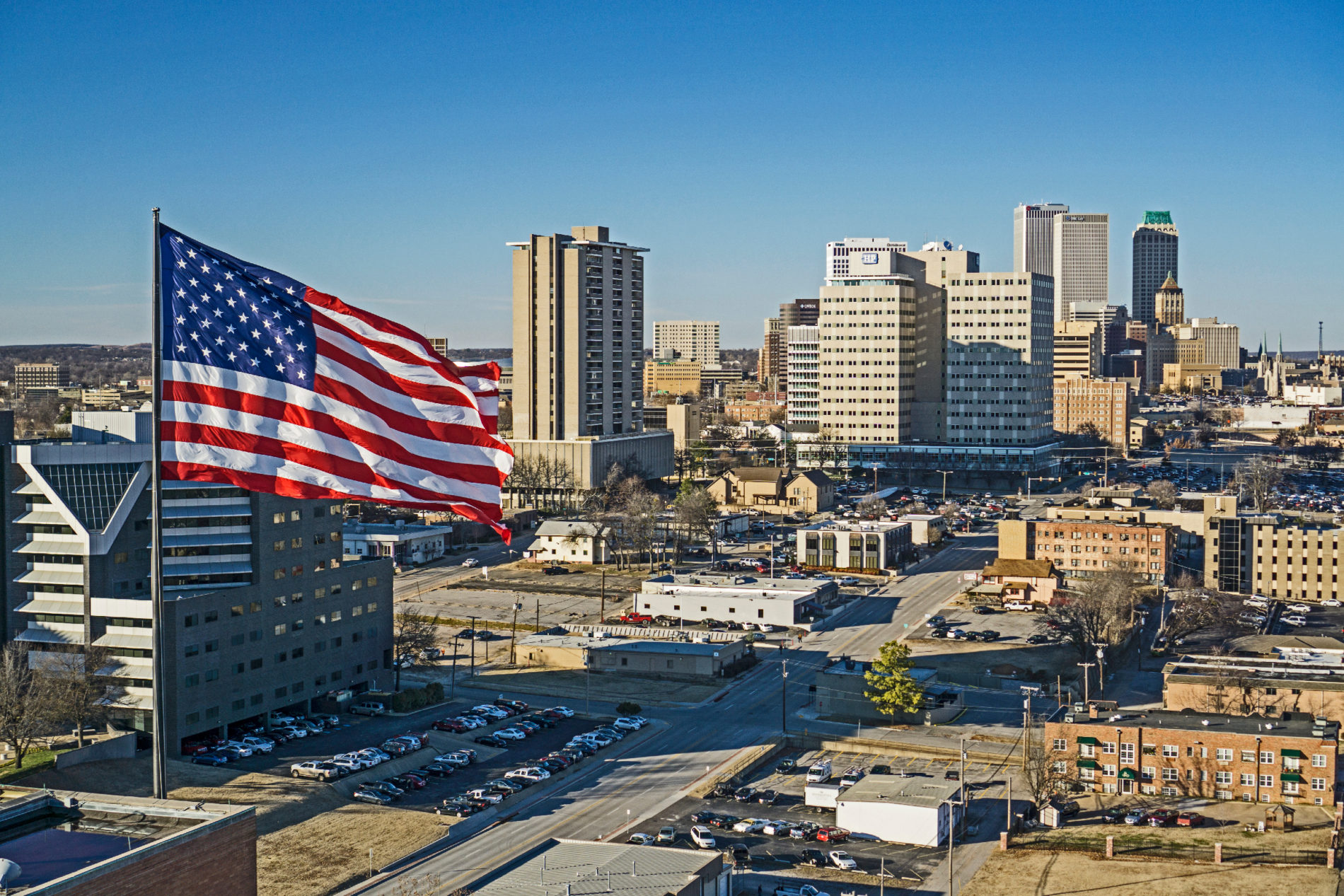 Drone view of Tulsa skyline from veterans park