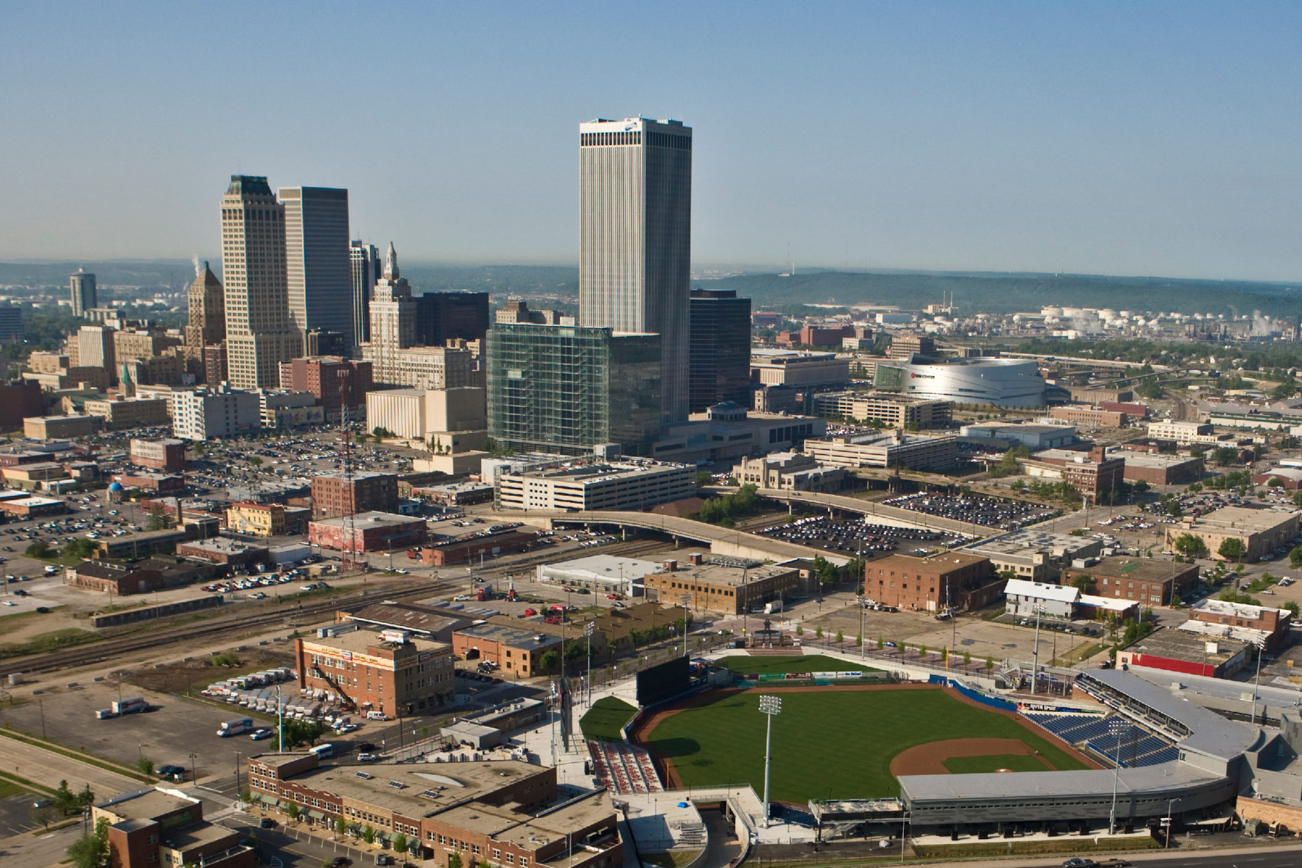 Aerial view of Tulsa skyline with the baseball field in the foreground